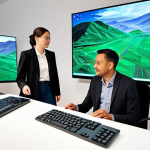 A diverse group of individuals, fully clothed in professional, modest attire, engaged in a collaborative digital art session. A woman in her early 30s, wearing a smart casual blazer, thoughtfully points at a large interactive display showcasing a vivid AI-generated landscape. Beside her, a man in his 40s, dressed in a collared shirt, is typing on a keyboard, actively guiding an AI art generation interface. In the foreground, a young student in their mid-20s, wearing comfortable but appropriate clothing, observes with keen interest. The setting is a spacious, modern creative studio bathed in natural light, with minimalistic white walls and ergonomic workstations, highlighting the accessibility of technology. Professional digital photography, bright and optimistic lighting, high detail, sharp focus, perfect anatomy, correct proportions, natural poses, well-formed hands, proper finger count, natural body proportions. Safe for work, appropriate content, fully clothed, professional, modest, family-friendly.