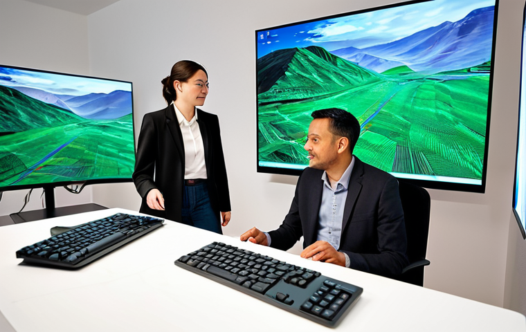 A diverse group of individuals, fully clothed in professional, modest attire, engaged in a collaborative digital art session. A woman in her early 30s, wearing a smart casual blazer, thoughtfully points at a large interactive display showcasing a vivid AI-generated landscape. Beside her, a man in his 40s, dressed in a collared shirt, is typing on a keyboard, actively guiding an AI art generation interface. In the foreground, a young student in their mid-20s, wearing comfortable but appropriate clothing, observes with keen interest. The setting is a spacious, modern creative studio bathed in natural light, with minimalistic white walls and ergonomic workstations, highlighting the accessibility of technology. Professional digital photography, bright and optimistic lighting, high detail, sharp focus, perfect anatomy, correct proportions, natural poses, well-formed hands, proper finger count, natural body proportions. Safe for work, appropriate content, fully clothed, professional, modest, family-friendly.